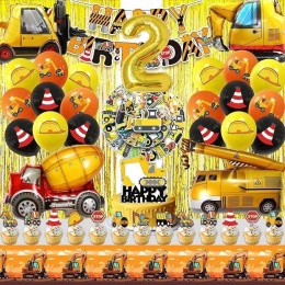 Balony urodzinowe 2 Zestaw baner naczynia jednorazowe Plac budowy 109szt
