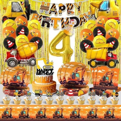 Balony urodzinowe 4 Zestaw baner naczynia jednorazowe Plac budowy 96szt