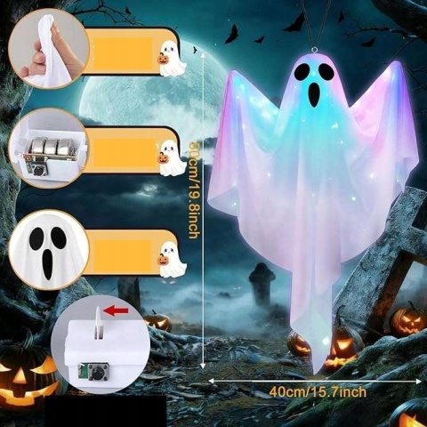 Dekoracja wisząca podświetlana LED na Halloween 90x60cm Kształt Duch 3 szt