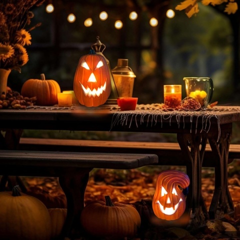Dynie świecące LED na Halloween dekoracja ogrodu 2szt + naklejki 3D