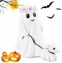 Figurka ducha z psem dekoracja ozdoba na Halloween 15 cm z żywicy biała