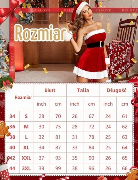 KOSTIUM MIKOŁAJKI RSLOVE CZERWONY SUKIENKA BABYDOLL BEZ RAMIĄCZEK M