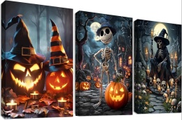 OBRAZY HALLOWEEN NA PŁÓTNIE W DREWNIANYCH RAMACH - ZESTAW 3 SZT 30 × 40 CM