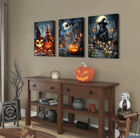 OBRAZY HALLOWEEN NA PŁÓTNIE W DREWNIANYCH RAMACH - ZESTAW 3 SZT 30 × 40 CM