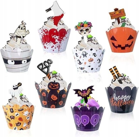 Ozdoby Halloween Dekoracje muffinek babeczek 8 wzorów Zestaw 32el.