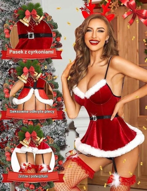 SUKIENKA MIKOŁAJKI RSLOVE CZERWONA BABYDOLL Z PASKIEM DO POŃCZOCH S