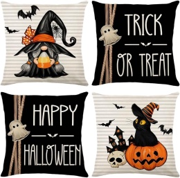 Poszewki Halloween 45x45 cm 4 szt lniane kot nietoperz dynia krasnal ozdoba