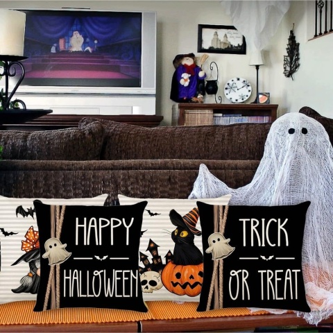 Poszewki Halloween 45x45 cm 4 szt lniane kot nietoperz dynia krasnal ozdoba