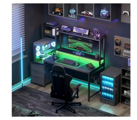 Biurko Gamingowe Coleshome 120x48 cm LED 3 Szuflady Gniazdko Półka Czarne