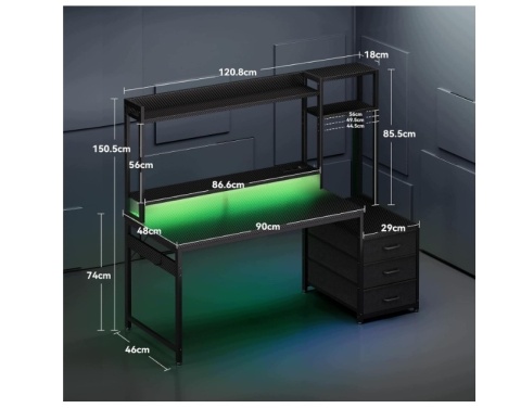 Biurko Gamingowe Coleshome 120x48 cm LED 3 Szuflady Gniazdko Półka Czarne