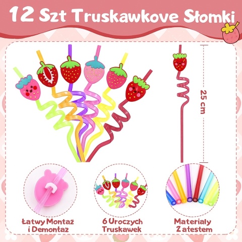 12 szt. Kolorowe Słomki Truskawkowe Zestaw Spirale 25 cm | Dla Dzieci Party