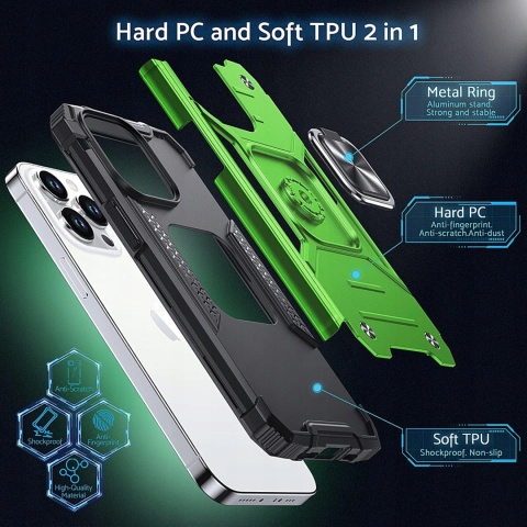 Etui DASFOND iPhone 15 Pro 6,1" zielone - stojak, pancerne, magne
