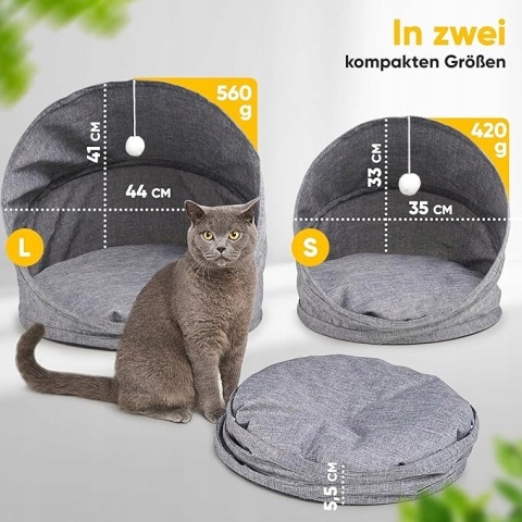 Legowisko dla kota budka domek z tunelem szary składany 2w1 rozmiar S