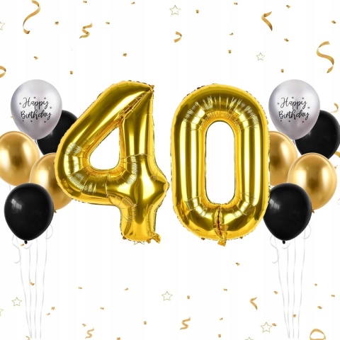 Balony cyfra numer 40 na urodziny rocznicę złoty 101cm zestaw 12 sztuk