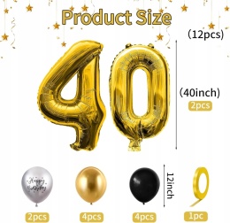 Balony cyfra numer 40 na urodziny rocznicę złoty 101cm zestaw 12 sztuk