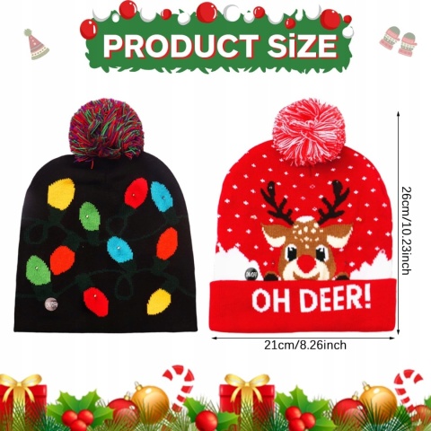 Czapka świąteczna Świecąca LED Zimowa Unisex Zestaw 2szt czerwona i czarna
