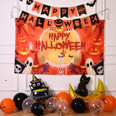Dekoracja na Halloween Zestaw Baner Balony Tło 48szt Pomarańczowy
