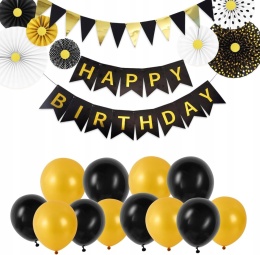 Dekoracje urodzinowe happy birthday zestaw czarno zlote