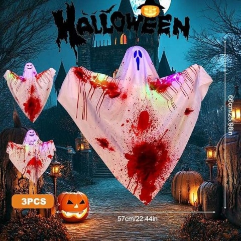 Duchy wiszące LED na sznurku dekoracja na Halloween 57x66cm zestaw 3szt