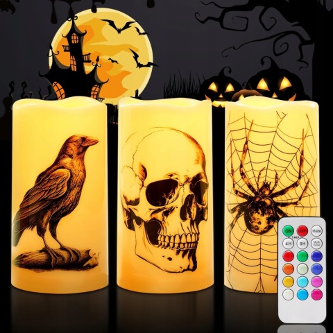 Homemory Świece LED Halloween bezpłomieniowe zmieniające kolor 3 szt.