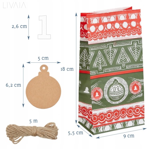 Kalendarz adwentowy DIY torebki papierowe naklejki świąteczne 24 dni