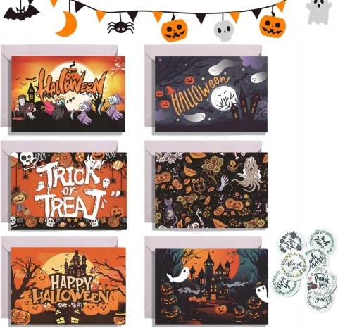 Kartki halloweenowe na Halloween z kopertami zestaw 6 sztuk