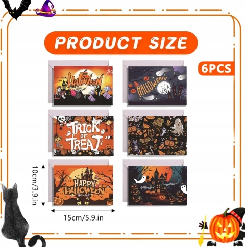 Kartki halloweenowe na Halloween z kopertami zestaw 6 sztuk