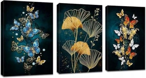 Obraz na płótnie Ścienny do salonu 3-częściowy 60x40cm motyw liści i motyli