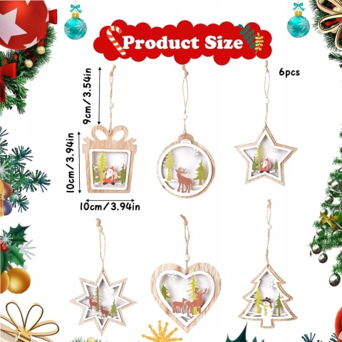 Zawieszki Ozdoby Choinkowe Świąteczne drewniane 8cm Zestaw 6szt