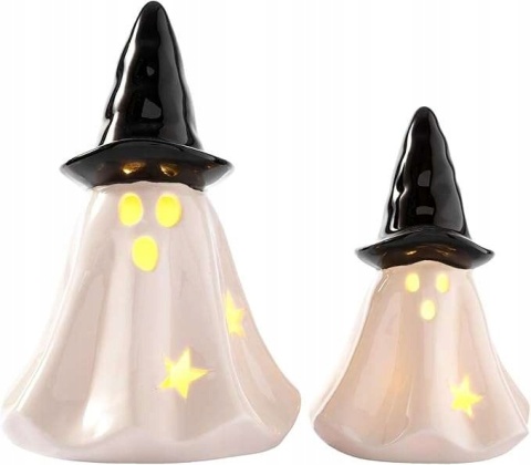 Figurki duchów z kapeluszem czarownicy podświetlane na Halloween 2 szt.