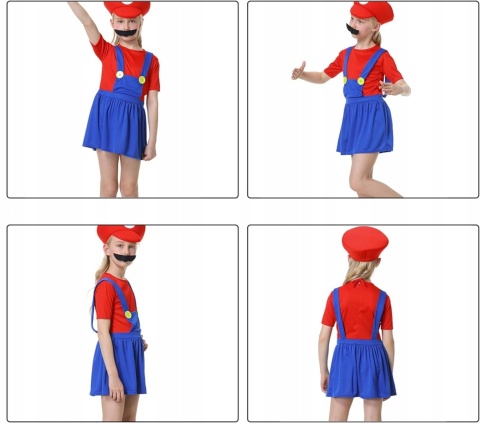 Kostium przebranie strój Mario dla dziewczynek sukienka czapka wąsy r. L