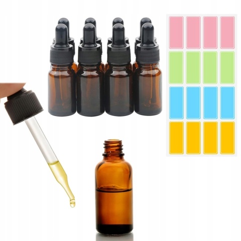 Butelki szklane z pipetą 10 ml brązowe na olejki zestaw 8 szt