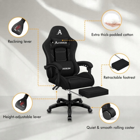 Fotel gamingowy z podnóżkiem do komputera regulowany ergonomiczny czarny