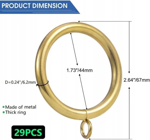 Kółka do zasłon metalowe 44 mm złote do karnisza 29 szt zestaw