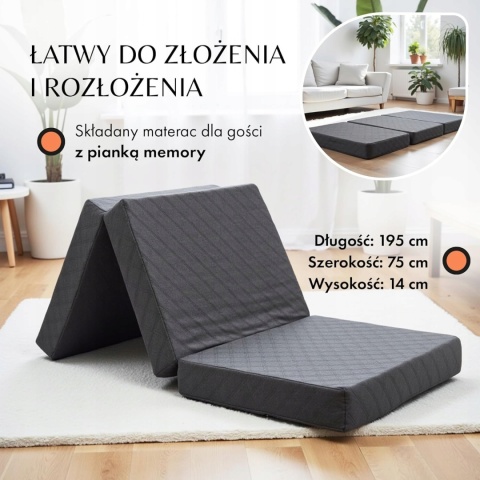 Materac Składany 75x195x14 cm Dla Gości Camping Pianka Memory