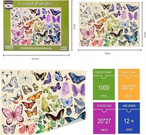 Puzzle 1000 elementów układanka 50x60cm Motyle kolorowe