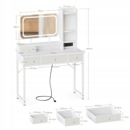 Toaletka z regulowanym lustrem LED i portem USB 100x40x140cm