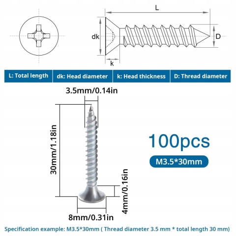 Wkręty samogwintujące M3 5 x 30 mm srebrne 100 szt zestaw