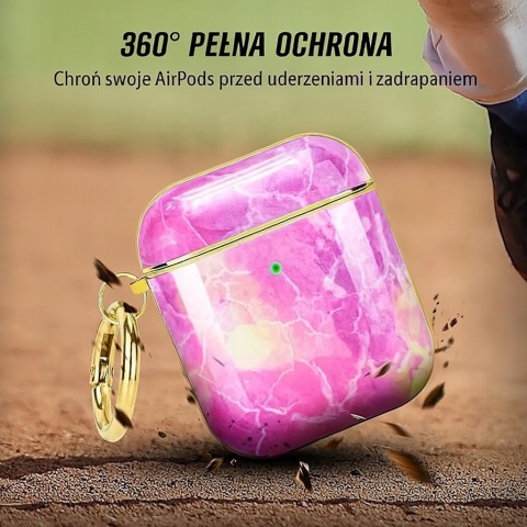 Etui AirPods Różowy Marmur + Karabińczyk Ochrona 360°