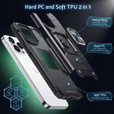 Etui DASFOND iPhone 15 Pro 6,1" czarne - MagSafe, stojak, pancern