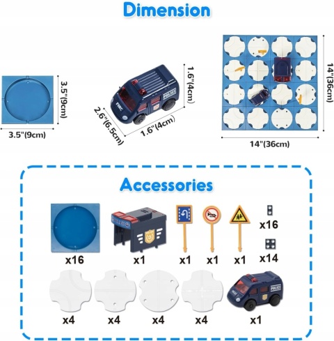 Tor samochodowy puzzle z labiryntem dla autek efekty dźwiękowe 16 puzzli