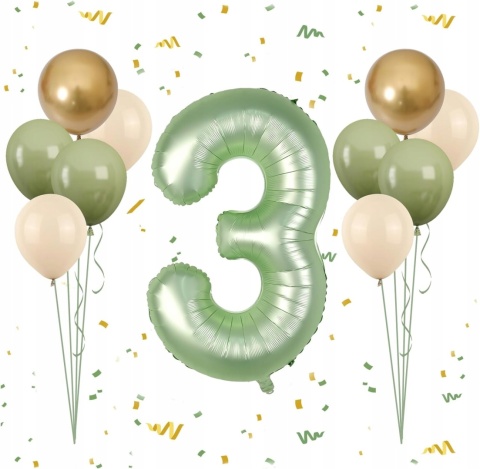 Balony cyfra numer 3 na urodziny rocznicę zielony 101cm zestaw 11 sztuk