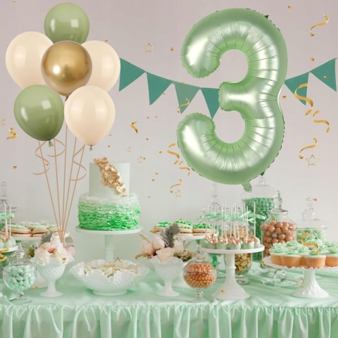 Balony cyfra numer 3 na urodziny rocznicę zielony 101cm zestaw 11 sztuk