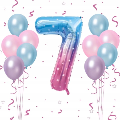 Balony cyfra numer 7 na urodziny rocznicę niebieskie róż 101cm zestaw 11szt