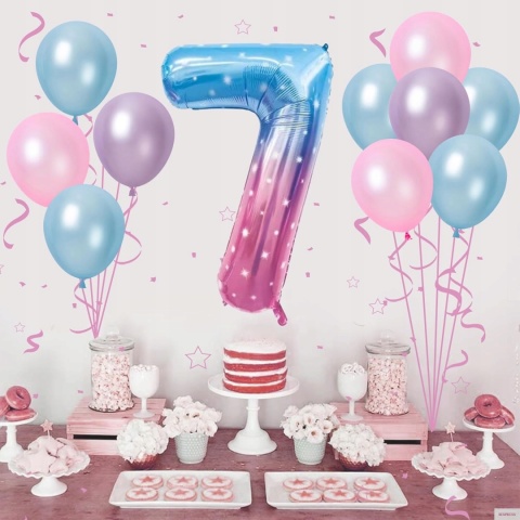 Balony cyfra numer 7 na urodziny rocznicę niebieskie róż 101cm zestaw 11szt