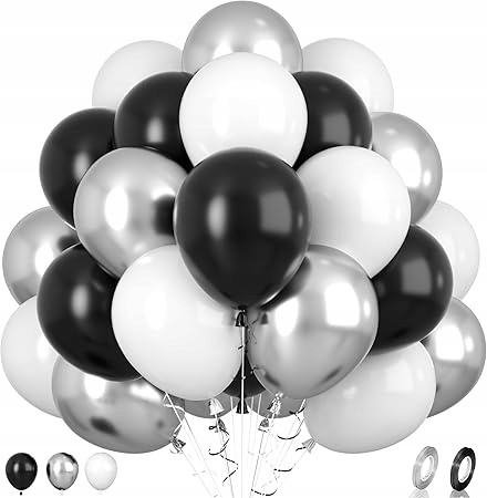 Balony czarno-srebrne białe 30 szt. metaliczne zestaw dekoracje imprezowe