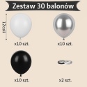 Balony czarno-srebrne białe 30 szt. metaliczne zestaw dekoracje imprezowe