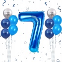 Balony urodzinowe 7 lat niebieskie srebrne zestaw 11 sztuk dekoracje