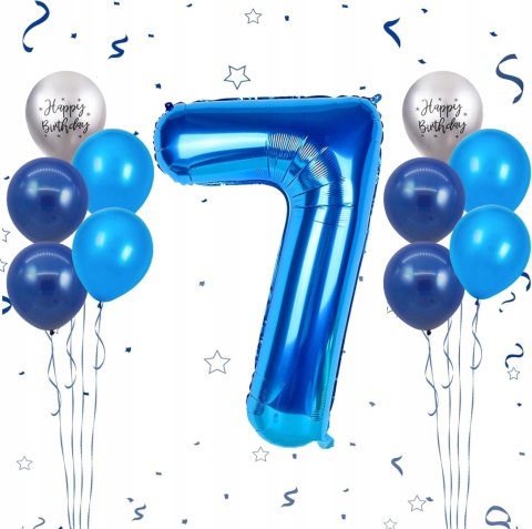 Balony urodzinowe 7 lat niebieskie srebrne zestaw 11 sztuk dekoracje