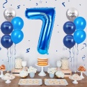 Balony urodzinowe 7 lat niebieskie srebrne zestaw 11 sztuk dekoracje